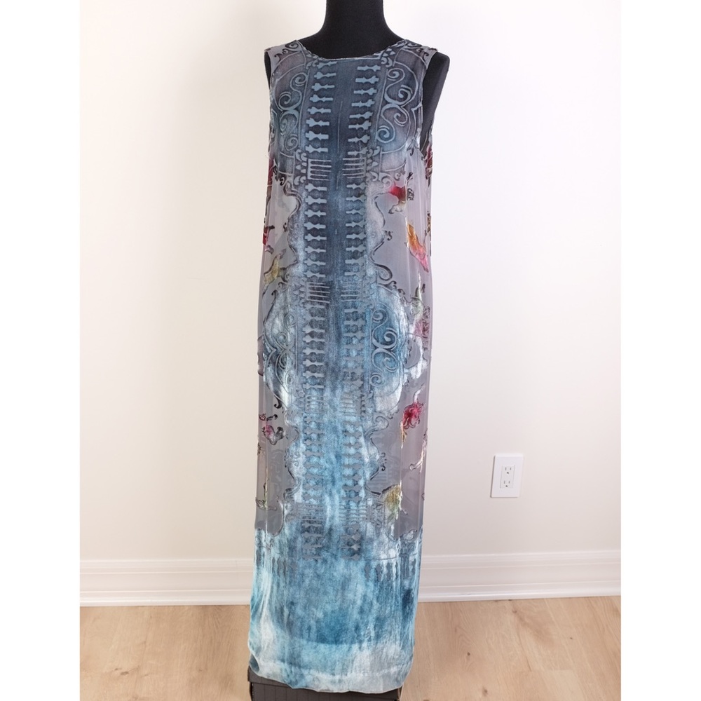 Sleeveless Blue Gray Silk Velvet Burnout Maxi Dress